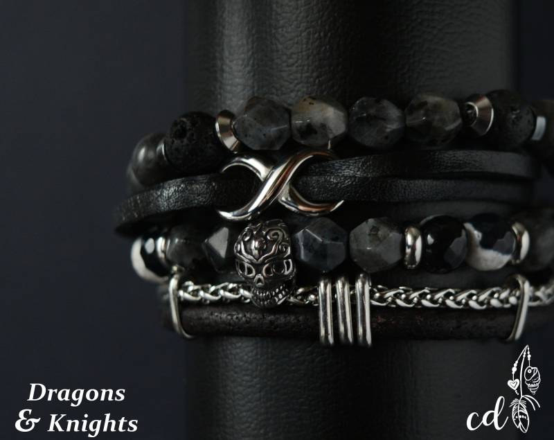 Herren Edelstahl Sugar Skull Armband Set, Leder & Lavastein von ConceptualizeDesign