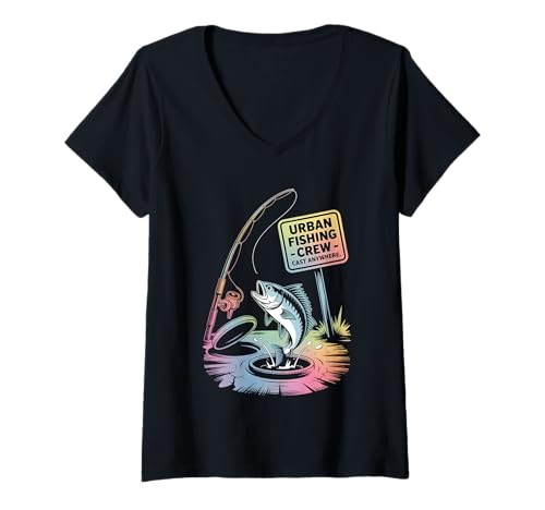 Damen Urban Fishing Crew – Cast Anywhere Urban Angler T-Shirt mit V-Ausschnitt Damen Urban Fishing Crew – Cast Anywhere Urban Angler T-Shirt mit V-Ausschnitt von Concrete Cast Society - Street Fishing Apparel