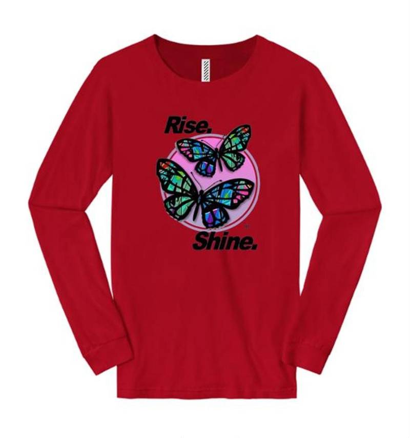 Womens Inspirational Graffiti/Hip Hop Inspirierte Lange Ärmel-T-Shirt " Butterfly Effect/Rise, Shine Grafikfarben | Größen Sm-4x von ConcreteRepublicNYC