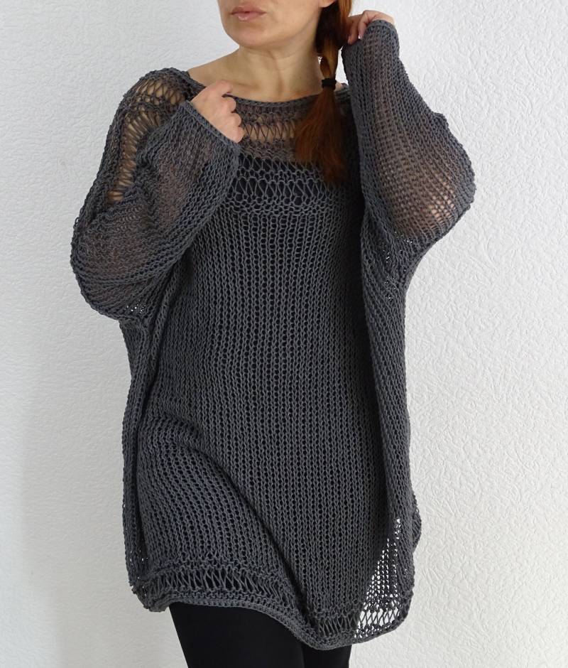 Dunkelgrauer Lockerer Strickpullover Schiere Mesh-Tunika Oversized Slouchy Pullover Strick Baumwolle Sommer Boho Tunika Made To Order Geschenkidee von ConekkosStudio