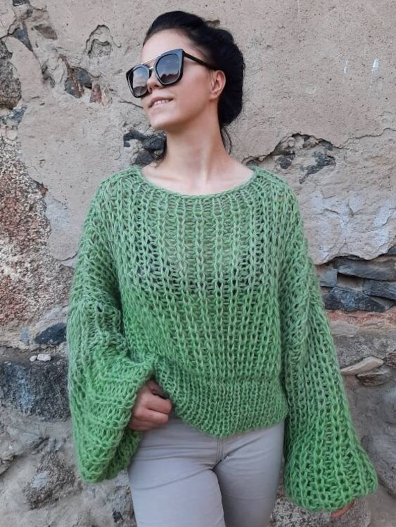 Grüner Gerippter Kurz Geschnittener Netz-Pullover, Lockerer Strickpullover Mit Langen Ärmeln, Boho-Slouchy-Oversize-Pullover Grüner Gerippter Kurz Geschnittener Netz-Pullover, Lockerer Strickpullover Mit Langen Ärmeln, Boho-Slouchy-Oversize-Pullover von ConekkosStudio