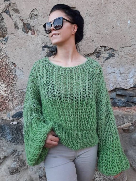 Grüner Gerippter Kurz Geschnittener Netz-Pullover, Lockerer Strickpullover Mit Langen Ärmeln, Boho-Slouchy-Oversize-Pullover von ConekkosStudio