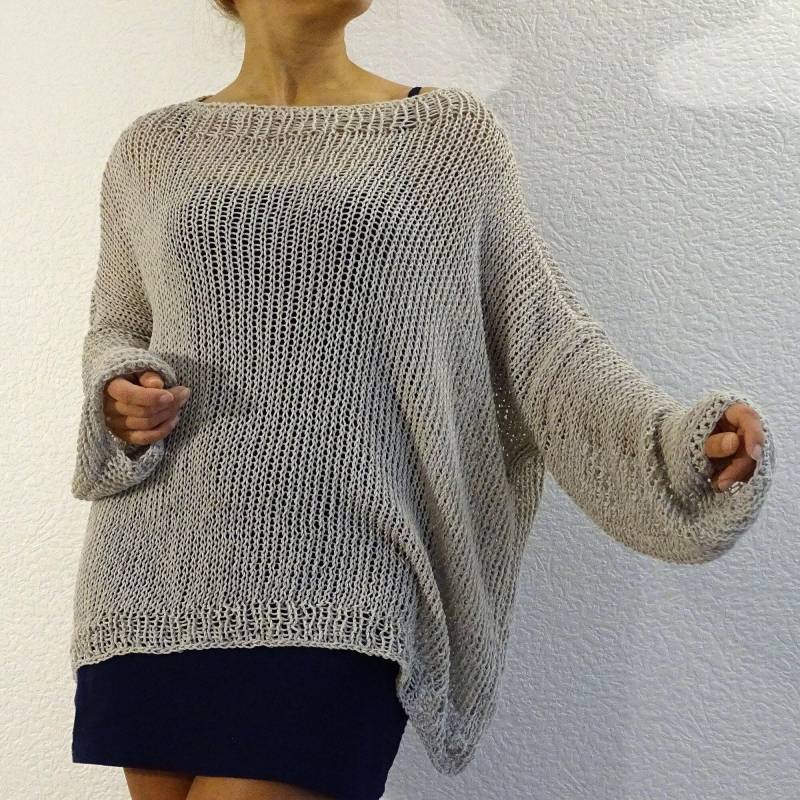 Hand Stricken Baumwoll-Mischung Pullover Übergroße Slouchy Boho Strand Cover Up von ConekkosStudio
