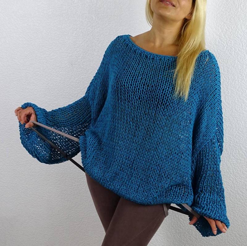 Handstricken Oversized Pullover Türkis Schiere Mesh Lockere Slouchy Stil Boho Sommer Herbst Strick von ConekkosStudio