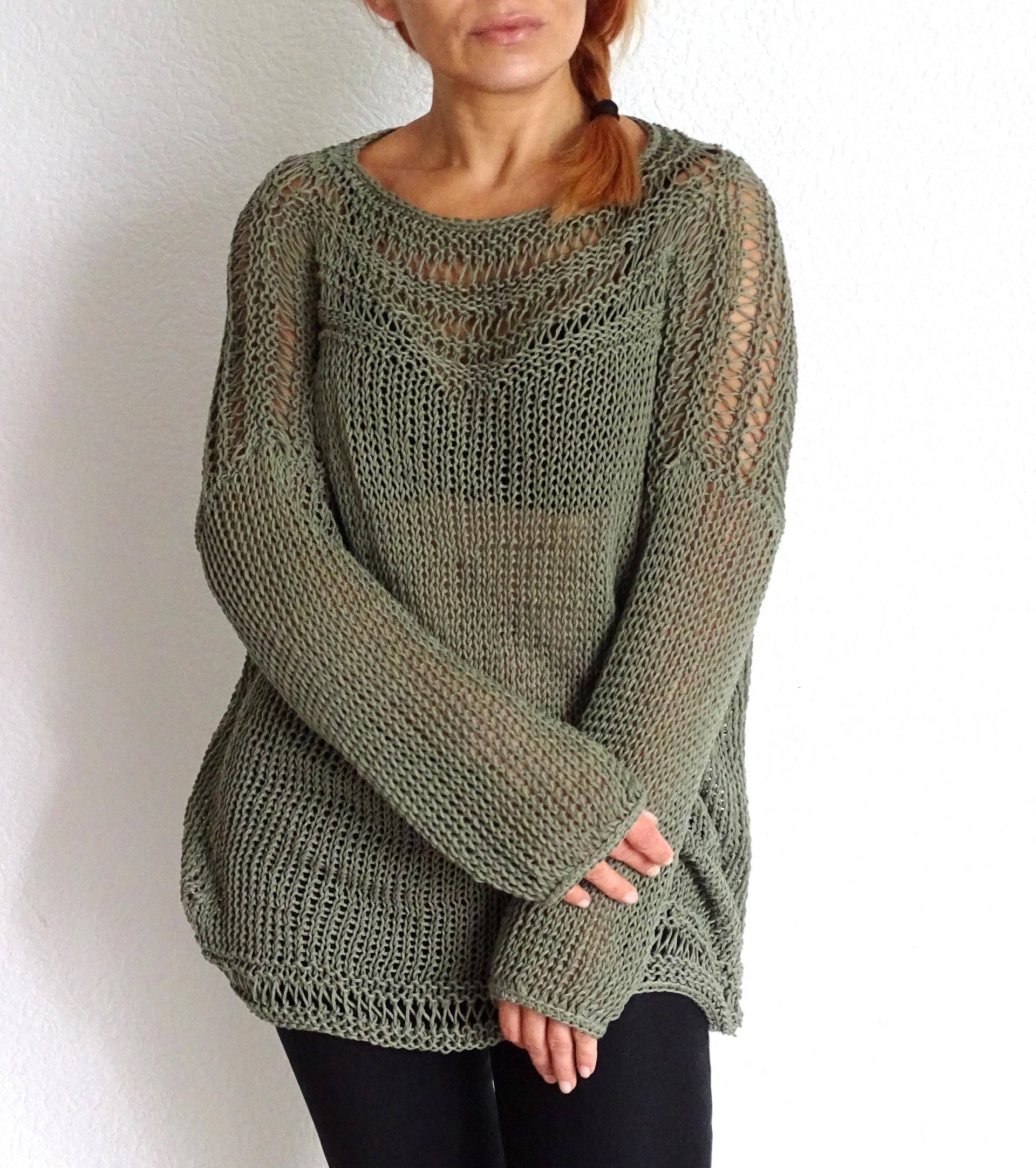 Khaki Grüner Baumwoll-Pullover Lockerer Strick-Mesh-Pullover Slouchy Übergroßer Boho-Sommer-Pullover Leichtes Strand-Cover-Up Made To Order Khaki Grüner Baumwoll-Pullover Lockerer Strick-Mesh-Pullover Slouchy Übergroßer Boho-Sommer-Pullover Leichtes Strand-Cover-Up Made To Order von ConekkosStudio