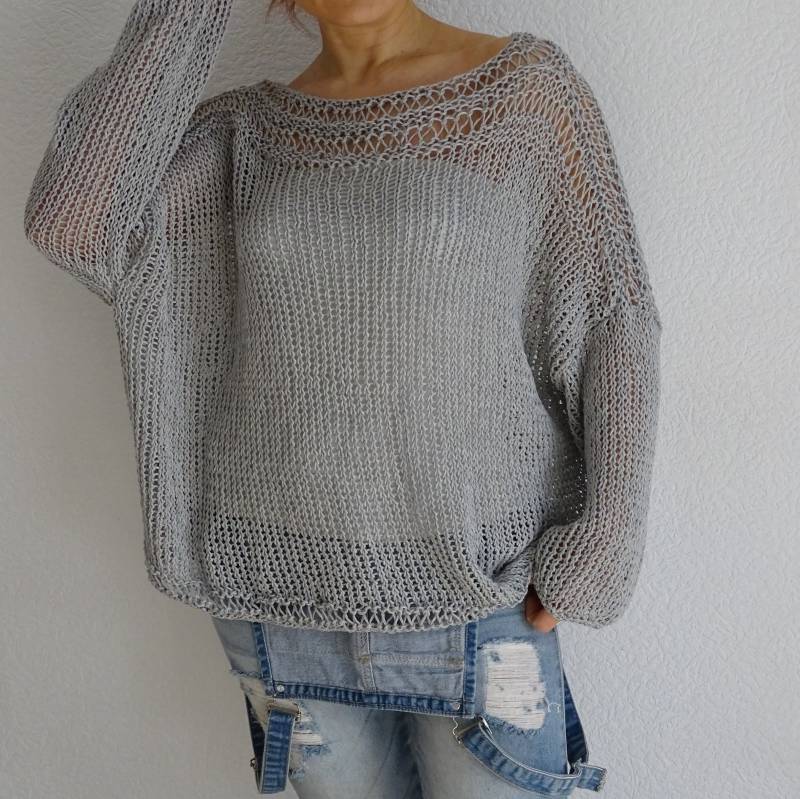 Perlen Grau Pullover Tunika Locker Stricken Oversized Slouchy Damen Baumwolle Frühling Sommer Casual Strickpullover Geschenke Ideen von ConekkosStudio