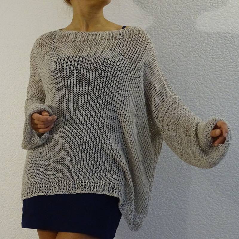 Perlengrauer Lockerer Strickpullover, Übergroßer Damenpullover, Lockere Passform, Slouchy Pullover, Stricktunika Im Boho-Stil, Auf Bestellung von ConekkosStudio