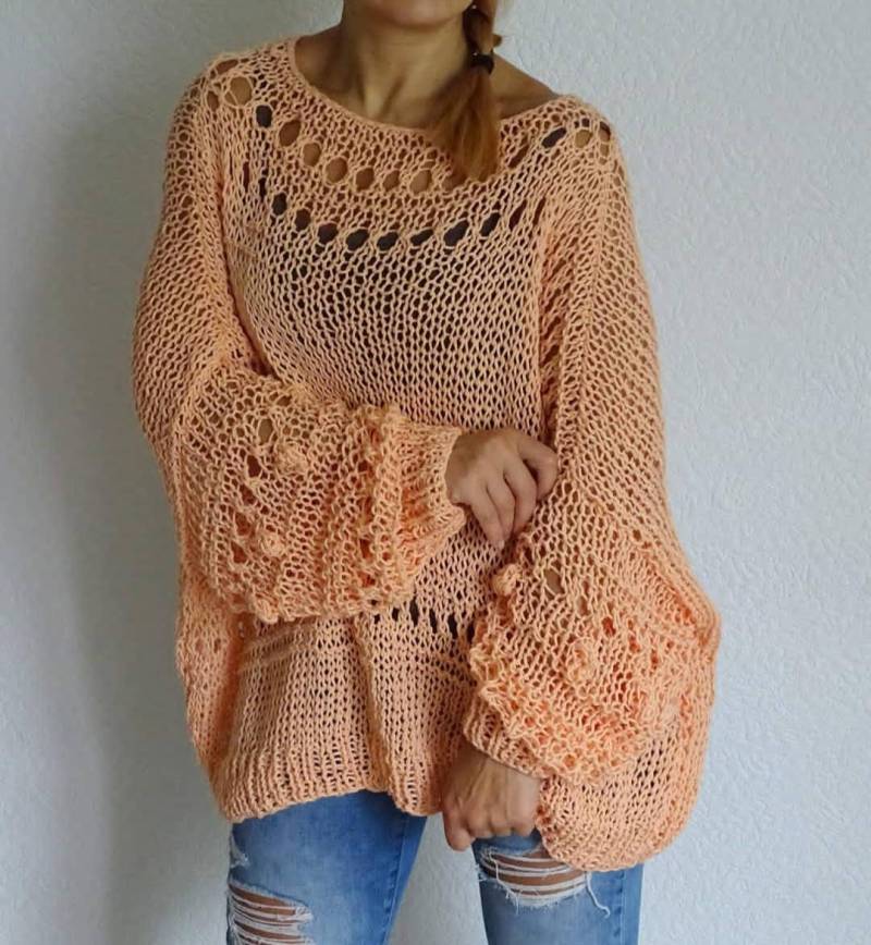 Pfirsich Schiere Maschen Pullover Boho-stil Lockerer Oversize-Pullover Lockere Passform Slouchy Sommer Bio-Baumwolle Made To Order von ConekkosStudio