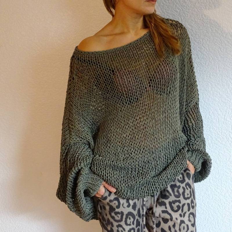 Retro Steel Strickpullover, Slouchy Übergroßer Boho Langer Pullover, Strick Sperriger Baumwollpullover, Khaki Pullover Auf Bestellung von ConekkosStudio