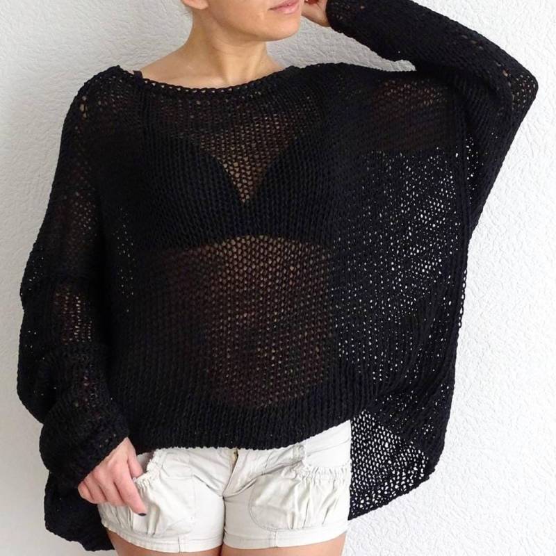 Hand Stricken Oversized Baumwolle Tunika Pullover Schiere Mesh Slouchy Ärmel von ConekkosStudio