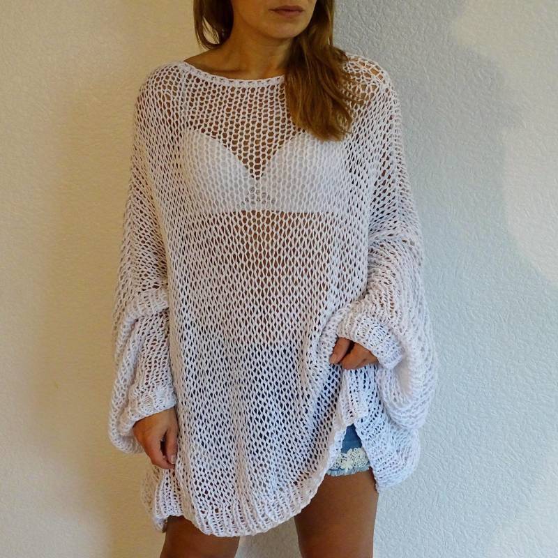 Handgestrickte Baumwollmischung Oversized Pullover Boho Fischnetz Tunika von ConekkosStudio