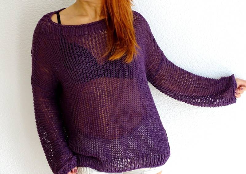 Strickpullover Lila | Leichter Gestrickter Sommerpullover Schiere Mesh Strand Abdeckung Loose Fit Boho Top Auf Bestellung Geschenkideen von ConekkosStudio