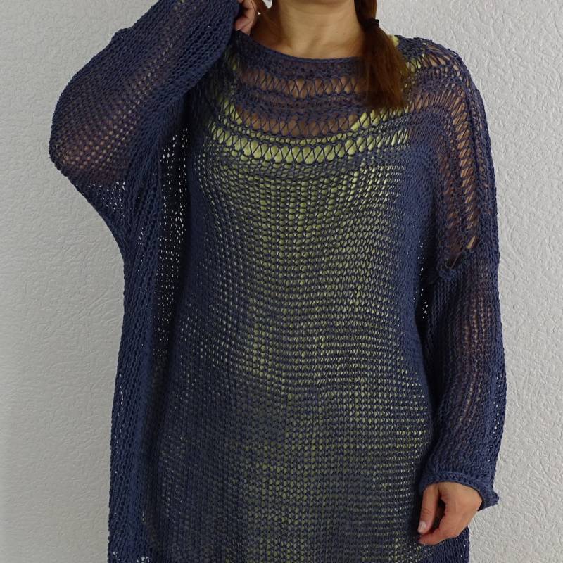 Oversized Strick Baumwolle Tunika Slouchy Blau Pullover Plus Size von ConekkosStudio