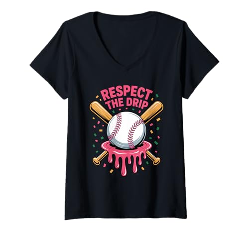 Damen Respect The Drip Baseball Streetwear Humor Jugend Baseball T-Shirt mit V-Ausschnitt von Confetti Bunt Humor Respect The Drip Bats Grafik