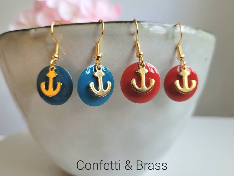 Ohrringe Mit Emaille Und Anker in Rot Petrol Edelstahl Ohrhaken von ConfettiAndBrass