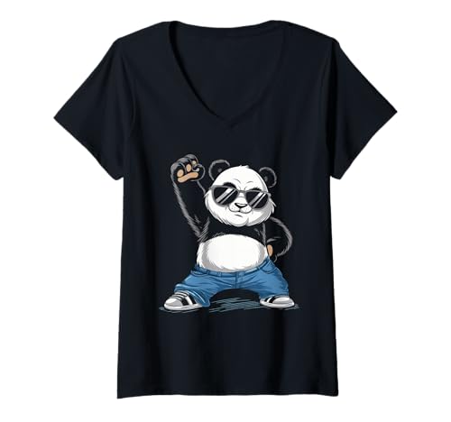 Damen Cool Panda In Sunglasses Cartoon Panda Mit Sonnenbrille T-Shirt mit V-Ausschnitt Damen Cool Panda In Sunglasses Cartoon Panda Mit Sonnenbrille T-Shirt mit V-Ausschnitt von Confident Panda Character Stylish Fun Cartoon Art