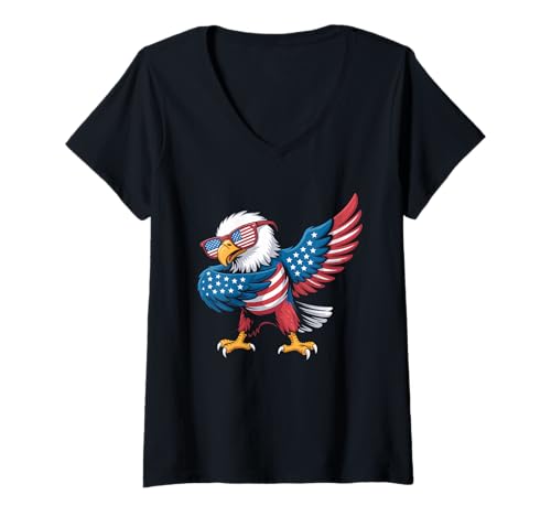 Damen Patriotischer USA Adler Cartoon Flagge Sonnenbrille T-Shirt mit V-Ausschnitt Damen Patriotischer USA Adler Cartoon Flagge Sonnenbrille T-Shirt mit V-Ausschnitt von Confident Star Spangled Eagle American Pride Art