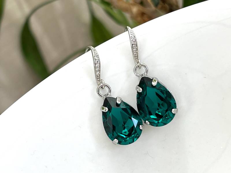 Dunkle Teal Swarovski Kristall Ohrringe, Grün Braut Teardrop Zircon Halskette, Brautjungfer Geschenk, Hochzeit Ohrringe von ConfidentBrides