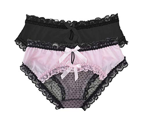 Confonze Damen Sexy Spitzenhöschen Bowknot Slip Hipster Mesh Höschen Mitternacht Dessous Unterwäsche, 2er-Pack (Schwarz und Pink), M von Confonze