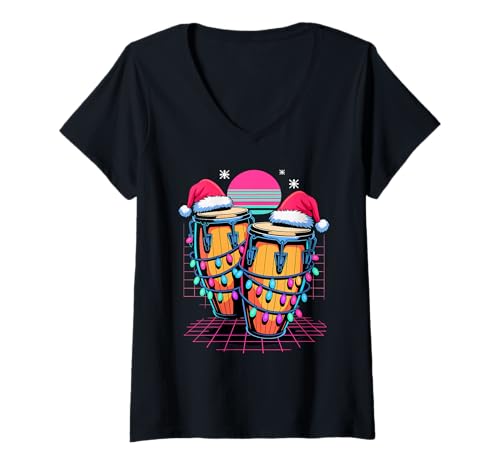 Damen Weihnachten Synthwave Conga-Trommel T-Shirt mit V-Ausschnitt von Conga Drum Player Gifts