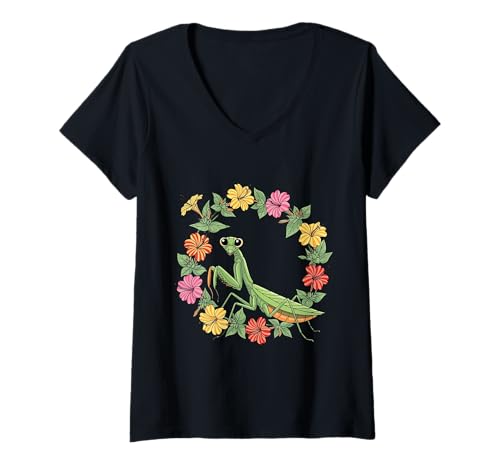 Damen Cartoon-Stil Mantis mit Mirabilis T-Shirt mit V-Ausschnitt von Connecticut Territory Symbols Gifts & Tees taiche