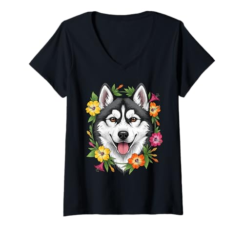 Damen Connecticut Schlittenhund und Bunte Mirablis-Blumen T-Shirt mit V-Ausschnitt von Connecticut Territory Symbols Gifts & Tees taiche