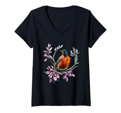 Damen Turdus migratorius umgeben von Berglorbeer T-Shirt mit V-Ausschnitt Damen Turdus migratorius umgeben von Berglorbeer T-Shirt mit V-Ausschnitt von Connecticut Territory Symbols Gifts & Tees taiche