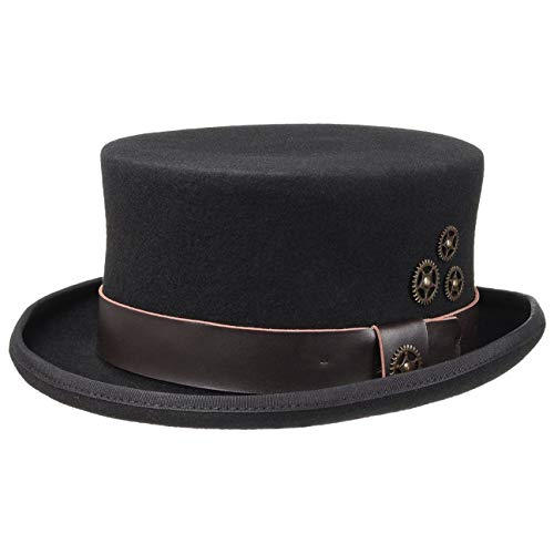 Conner Hut Filzhut Steampunk Zylinder Damen/Herren - Wollfilzhut Herrenhut mit Lederband, Einfass Herbst Frühjahr Winter Sommer Frühling-Sommer Herbst-Winter - M (56-57 cm) schwarz von Conner Hats