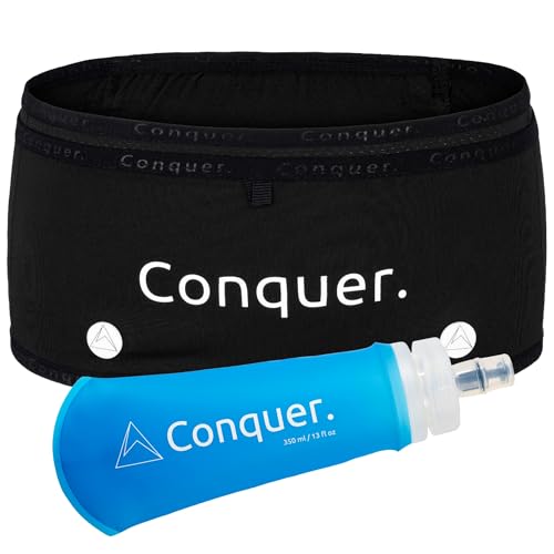 Conquer. Laufgürtel mit Trinkflasche und Handytasche | eng anliegende Lauftasche Damen & Herren mit Handyhalterung, Fach mit Reißverschluss | Trinkgürtel, Running Belt (Laufgürtel inkl. Flask, M) von Conquer.