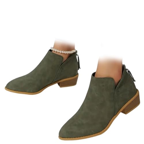 Conquerory Orthopädische Stiefeletten Mit Retro-Absatz Für Damen,Stiefel Mit Fußgewölbeunterstützung,Stiefeletten Mit Niedrigem Absatz,spitzer Spitze Und Reißverschluss Hinten (Armeegrün,38) von Conquerory