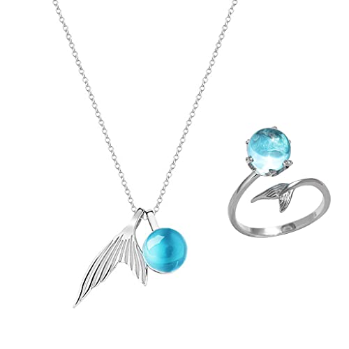 Conruich Meerjungfrau Halskette Meerjungfrau Offener Ring Blau Kristall Halskette Verstellbar Damen Anhänger Kette Silber Mondring Mako Tägliche Tragen Party Schmuck Mädchen Geburtstagsgeschenk von Conruich