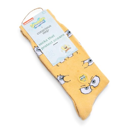 Conscious Step SpongeBob SquarePants Crew-Socken aus Bio-Baumwolle, Einzelpaar, jedes Paar unterstützt den Meeresschutz, gelb, Small von Conscious Step