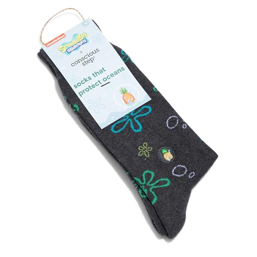 Conscious Step SpongeBob SquarePants Crew-Socken aus Bio-Baumwolle, jedes Paar unterstützt den Meeresschutz, 1 Paar, GRAU, Small von Conscious Step