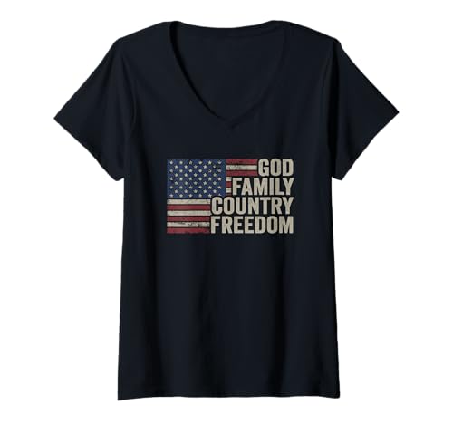 Damen God Family Country Freedom – 4. Juli USA-Flagge Christian T-Shirt mit V-Ausschnitt Damen God Family Country Freedom – 4. Juli USA-Flagge Christian T-Shirt mit V-Ausschnitt von Conservative Christian Values Patriotic USA Flag