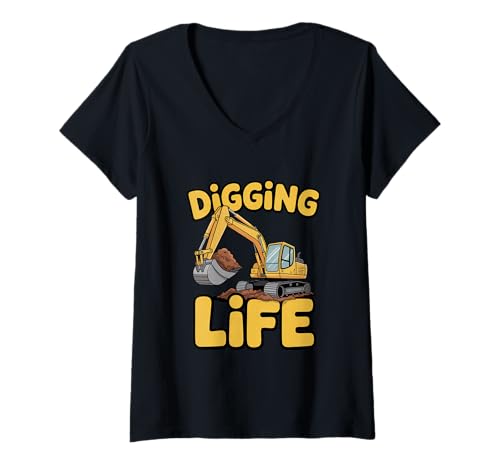 Damen Graben Leben/Baubaggerfahrer T-Shirt mit V-Ausschnitt von Construction Equipment Puns