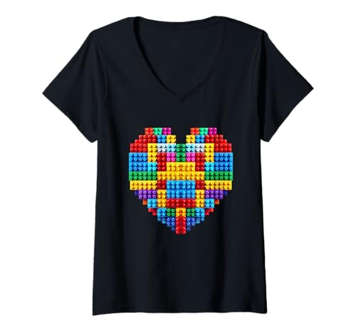 Damen Master Builder Block Brick Building Heart zum Valentinstag T-Shirt mit V-Ausschnitt Damen Master Builder Block Brick Building Heart zum Valentinstag T-Shirt mit V-Ausschnitt von Construction Toys Building Bricks Block Collectors