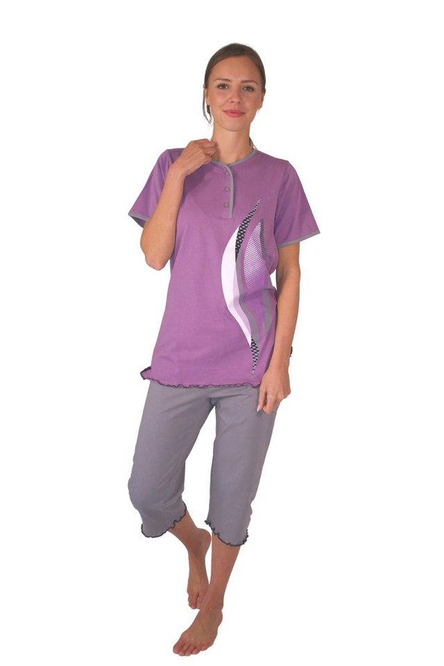 Consult-Tex Capri-Pyjama Damen Capri Schlafanzug Pyjama DF056 (1 Set) Oberteil mit Knopfleiste und Motivdruck von Consult-Tex