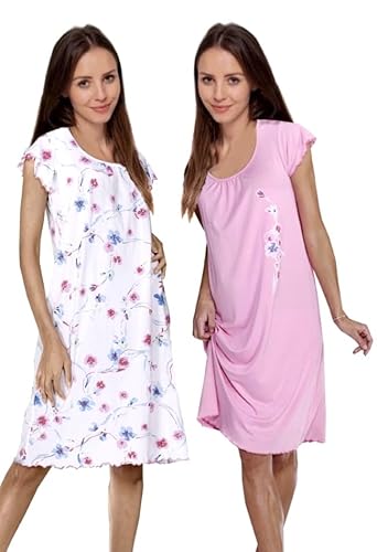 Consult-Tex Damen Nachthemd Kurzarm 2er Pack, Baumwolle-Jersey Nachtwäsche, Schlafhemd Sleepshirt, Schlafkleid (DW946/947) (rosa Weiss, 52/54) von Consult-Tex