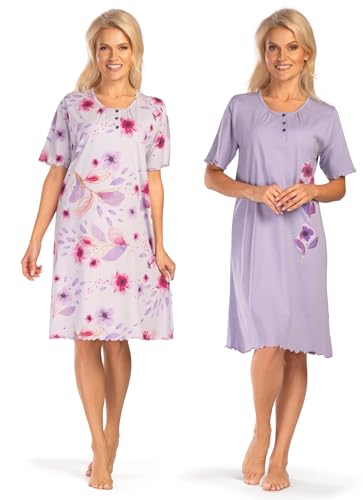 Consult-Tex Damen Nachthemd Kurzarm oder Langarm 2er Pack, Baumwolle-Jersey Nachtwäsche, Schlafhemd Sleepshirt, Schlafkleid (DW552/553) (Flieder, 52/54) von Consult-Tex