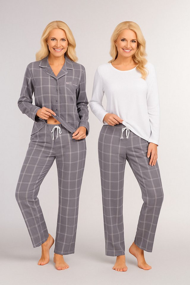 Consult-Tex Pyjama Damen Langarm Flanell Pyjama - Schlafanzug - Hausanzug 3er Set DW145 (Spar-Set, 3teilig, 2 Oberteile, 1 Hose) Mit Brusttasche von Consult-Tex