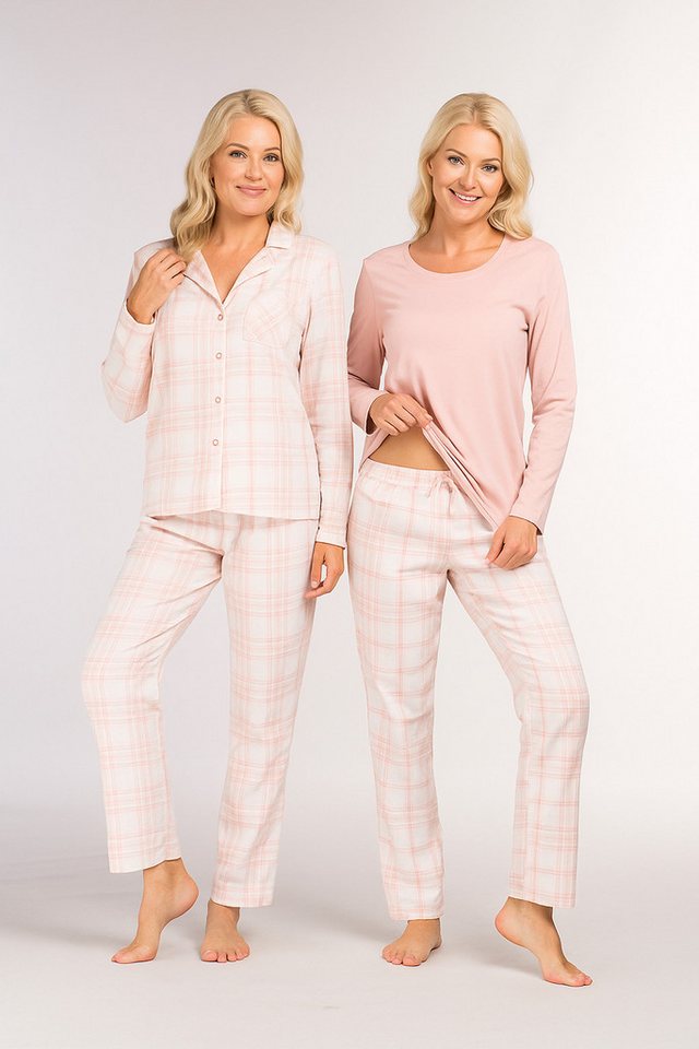 Consult-Tex Pyjama Damen Langarm Flanell Pyjama - Schlafanzug - Hausanzug 3er Set DW145 (Spar-Set, 3teilig, 2 Oberteile, 1 Hose) Mit Brusttasche von Consult-Tex