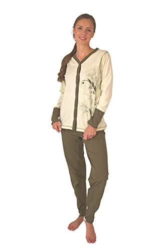 Damen Pyjama Schlafanzug Langarm Baumwolle Knopfleiste DW343 (44/46, Olive) von Consult-Tex