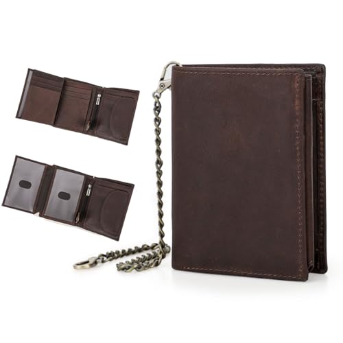 Contacts Crazy Horse Geldbörse aus Leder, Diebstahlschutz, mit Kette für Herren, Bifold Card Purse RFID Blocking Coin Holder, rotbraun, Normal, Vintage von Contacts