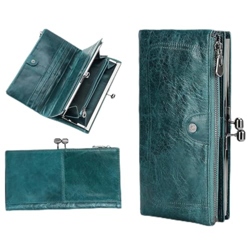 CONTACTS Damen Geldbörse Gross mit Kiss Lock,Leder Lang Geldbeutel Clutch Reißverschluss Portmonee Blau,RFID Telefon Portemonnaie mit 12 Kartenfächer und Münzfach von CONTACTS