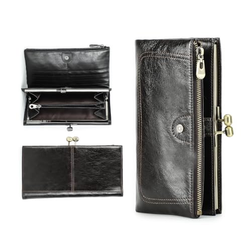 CONTACTS Damen Geldbörse Gross mit Kiss Lock,Leder Lang Geldbeutel Clutch Reißverschluss Portmonee Schwarzbraun,RFID Telefon Portemonnaie mit 14 Kartenfächer und Münzfach von CONTACTS