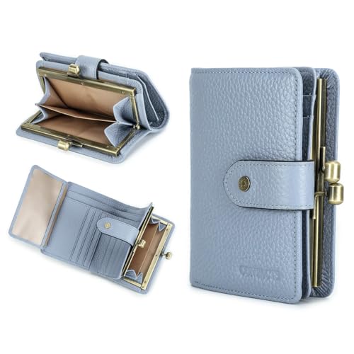 Contacts Damen-Geldbörse, Kussschloss, RFID-Geldbörse, 11 Kartenfächer, zweifach gefaltetes Leder, Clutch mit Ausweisfenster, hellblau, S, Casual von CONTACTS