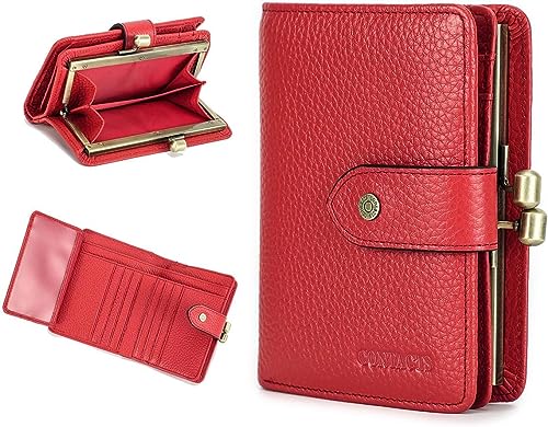 Contacts Damen Geldbörse Kiss Lock Geldbörse RFID 11 Kartenfächer Damen Bifold Leder Clutch mit Ausweisfenster, rot, S, Casual von Contacts