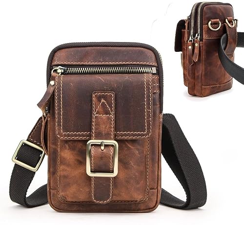 CONTACTS Echtes Leder Herren Kleine Messenger Taillentasche Gürteltasche Telefon Brieftasche Geldbörsenhalter für Sportcamping Wanderreisen (Dunkel braun) von CONTACTS