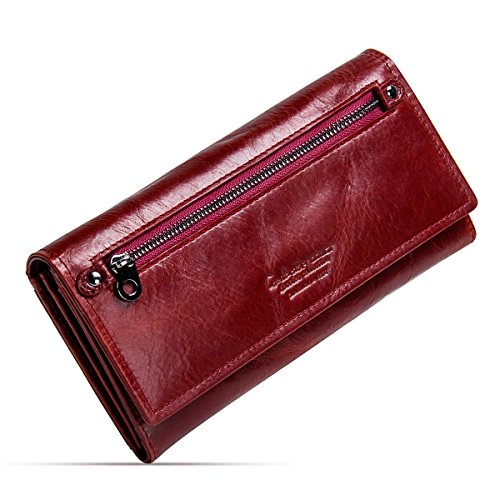 Womens Echtes Leder Lange Geldbörse für Reise Karten münzen Telefonhalter Reißverschluss Clutch Austern Geldbörse (Rot2) von Contacts