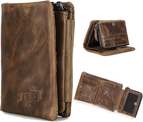 CONTACTS Echtes Leder Herren Trifold Short Wallet Reißverschluss Geldbörse (Dunkelbraun) von CONTACTS